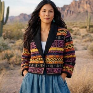 Southwestern Cowgirl Cropped Jacket Multi Color Tapestry Contrast Collar Sz S